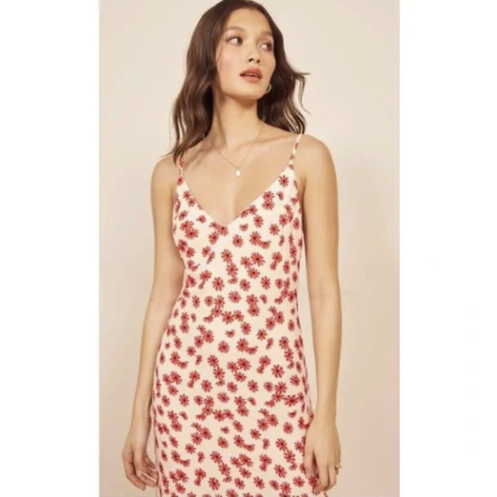 Reformation ALEXANDRA Ivory & Red Daisy Floral Sleeveless V-Neck Midi Dress - Picture 4 of 15